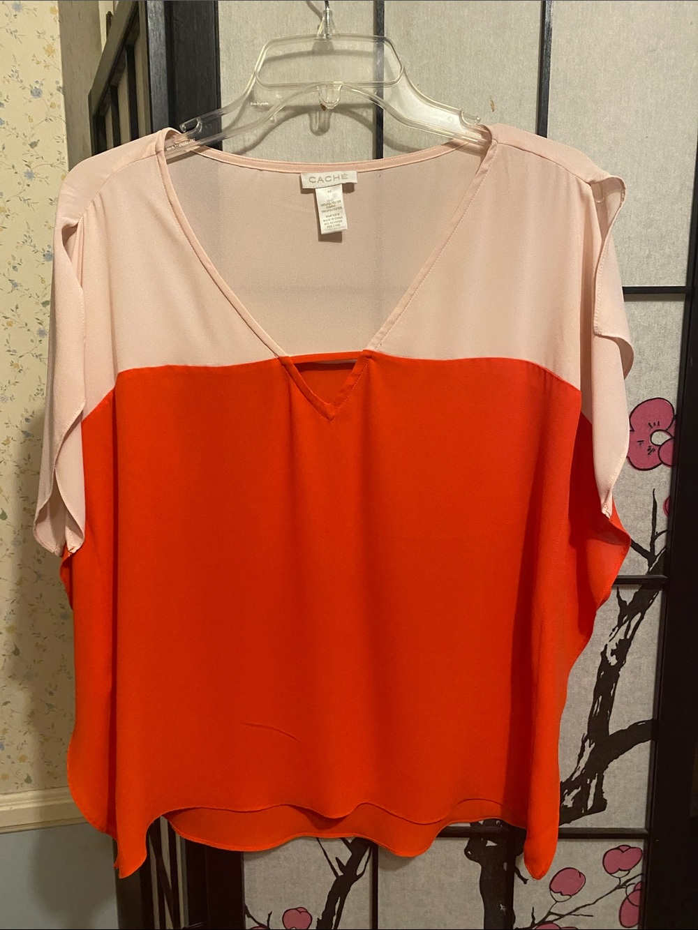 Cache Two-Tone V-Neck Blouse in Blush and Red-Orange